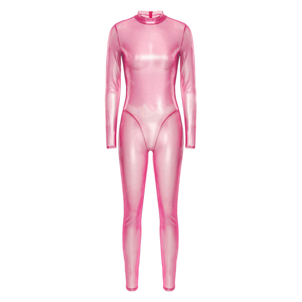 Women Metallic Shiny Full Body Unitards Sheer Rave Party Nightclub Jumpsuit Long Sleeve Long Pants Back Zipper Catsuit Clubwear