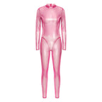 Women Metallic Shiny Full Body Unitards Sheer Rave Party Nightclub Jumpsuit Long Sleeve Long Pants Back Zipper Catsuit Clubwear