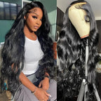 Woman with long black hair next to a wig on a mannequin head