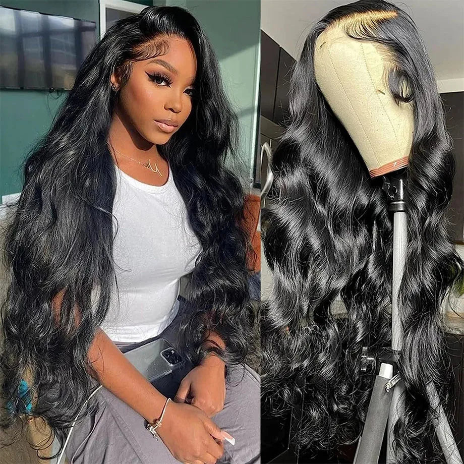 Woman with long black hair next to a wig on a mannequin head