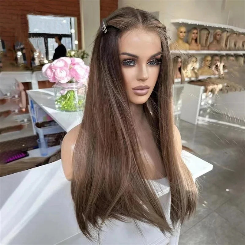 Mannequin head with long brown hair in a salon setting