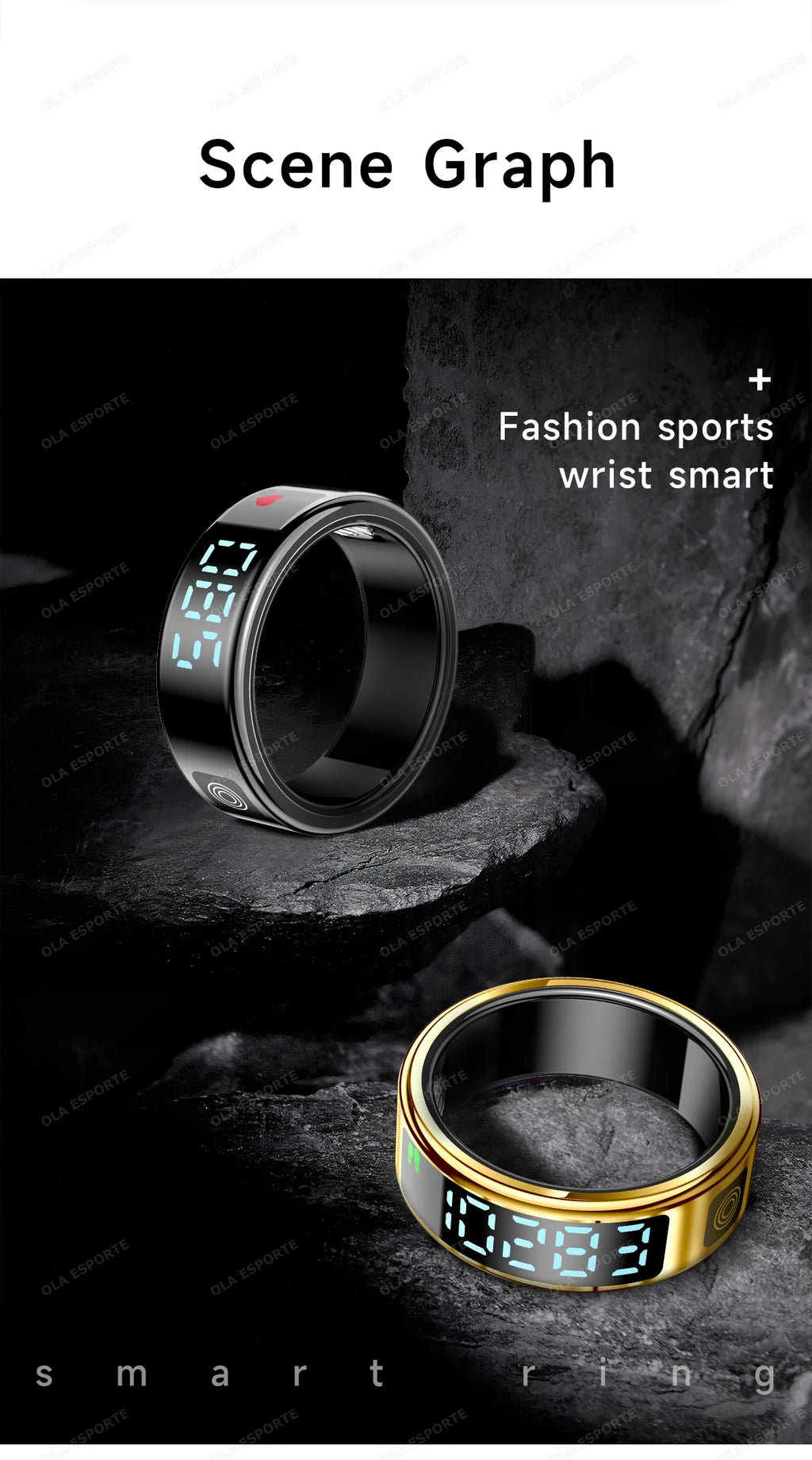Smart ring with digital display on a dark surface