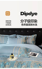 Dipdye bedding set with decorative elements and branding on a white background