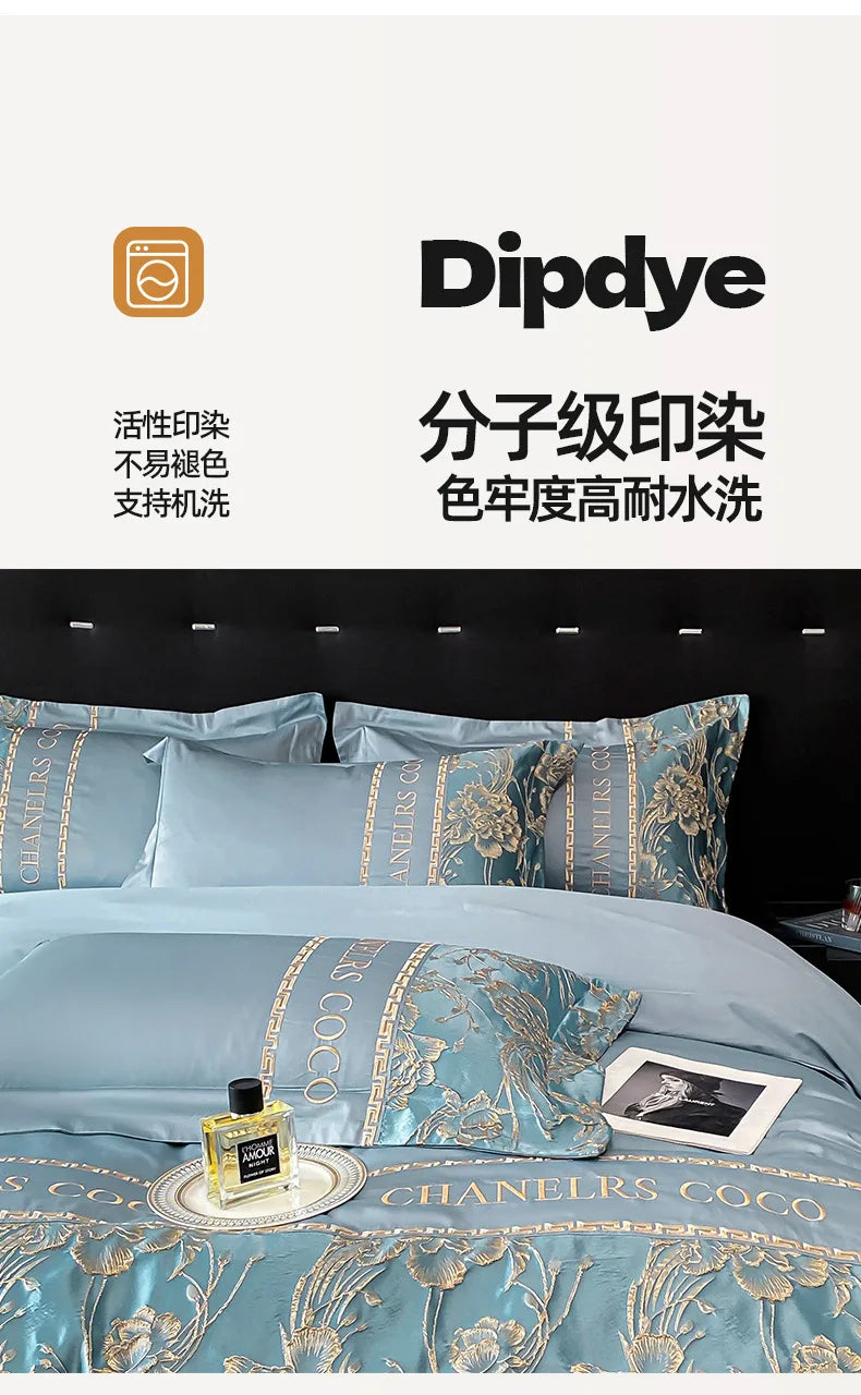 Dipdye bedding set with decorative elements and branding on a white background