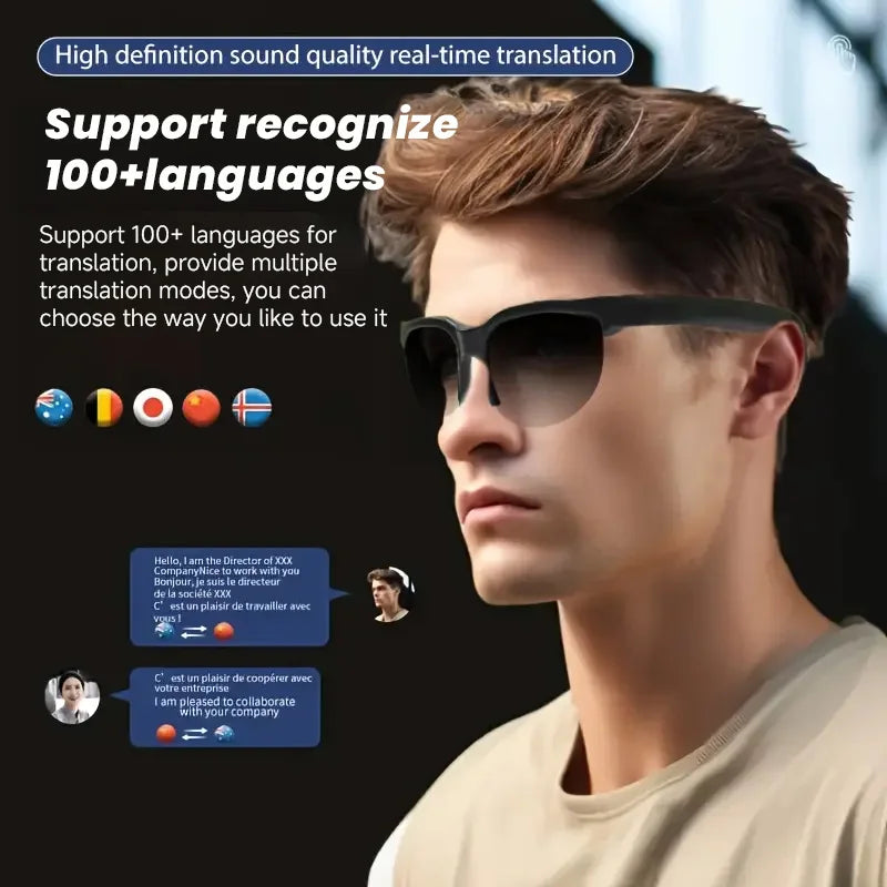 Person wearing sunglasses with text about language translation service on a black background
