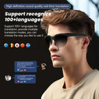 Person wearing sunglasses with text about language translation service on a black background
