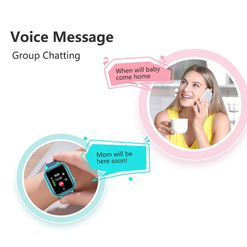 Woman talking on a phone with text bubbles and a hand holding a smartwatch with text bubbles, labeled 'Voice Message' and 'Group Chatting'.