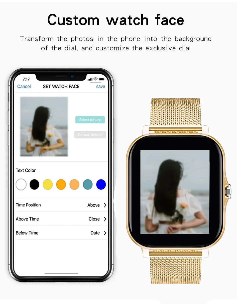 Smartwatch with customizable watch face displayed on a phone app interface.