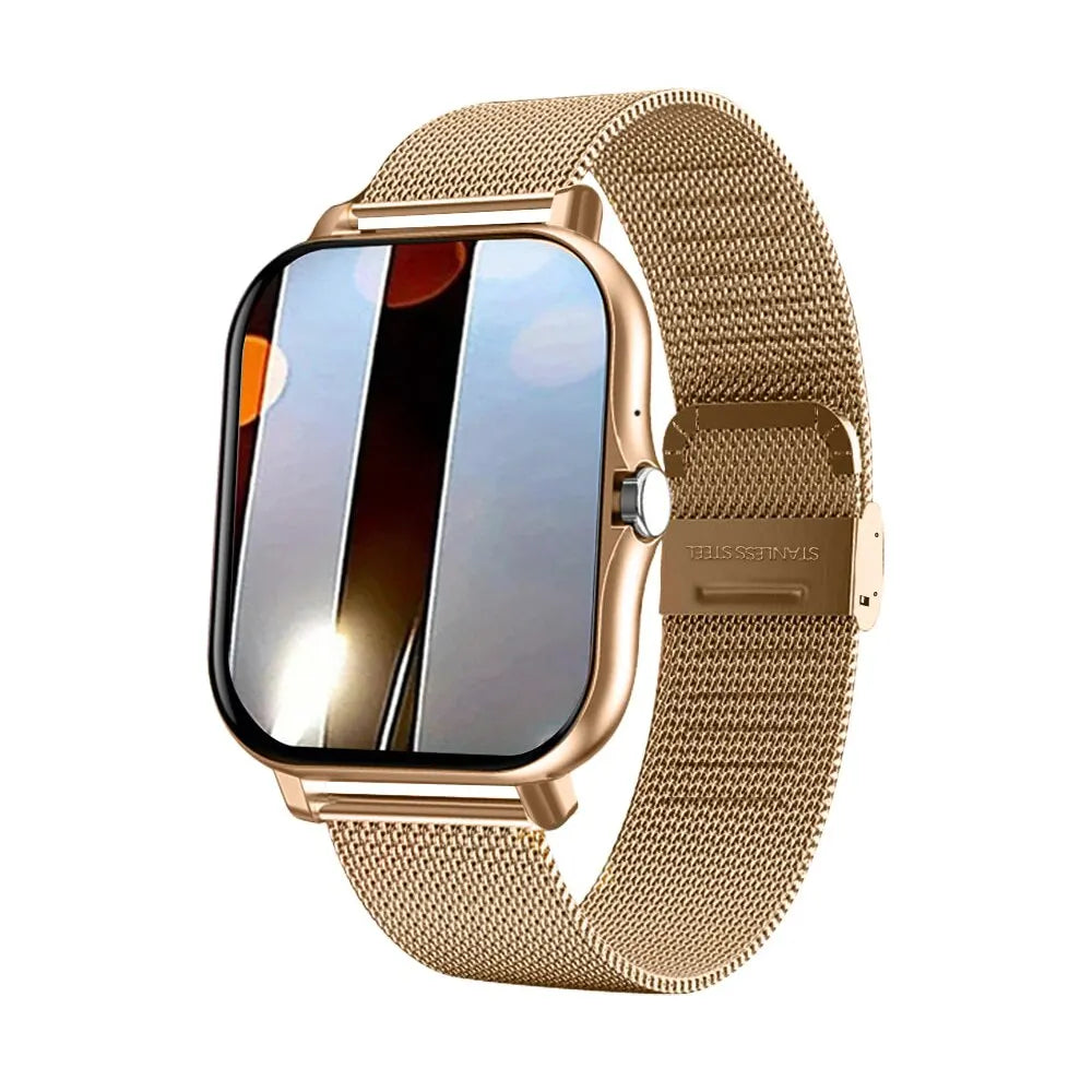 Gold smartwatch with mesh band on a white background
