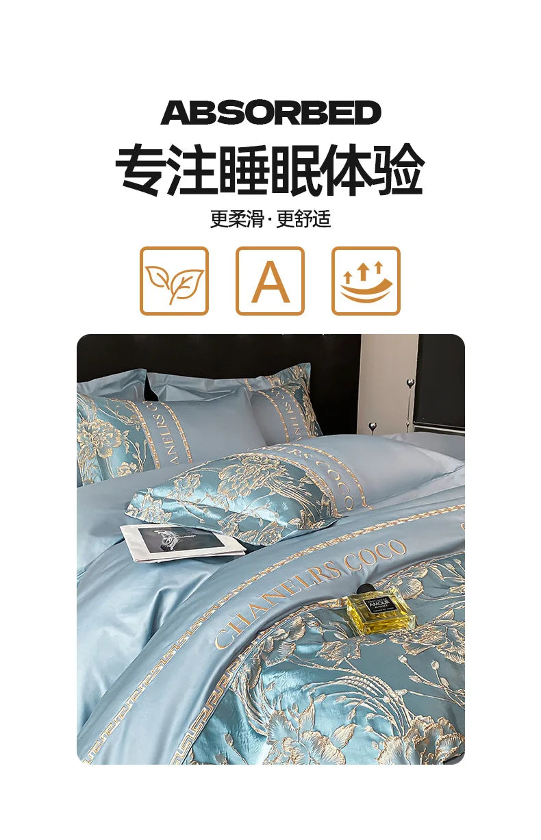 Blue floral bedding set with packaging on a bed, featuring the brand 'Absorbed'.
