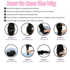 Instructions on how to care for a wig with step-by-step illustrations and text.