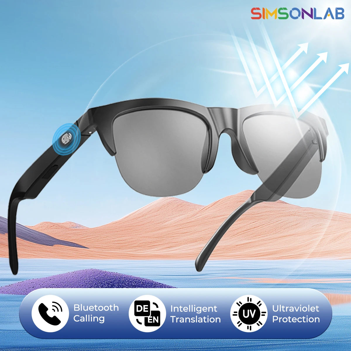 Sunglasses with additional features on a scenic background, featuring the SIMSONLAB brand.