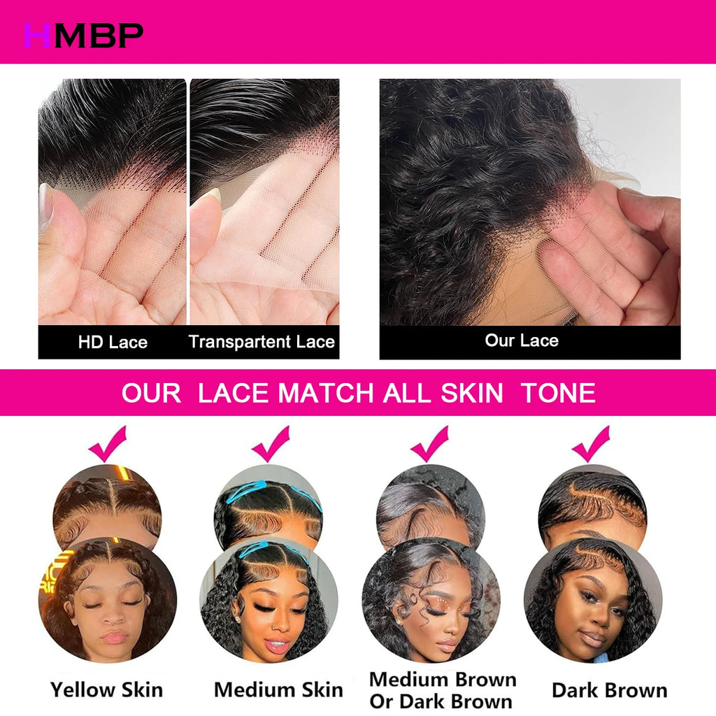 Hair product comparison chart with different lace types and skin tone compatibility.
