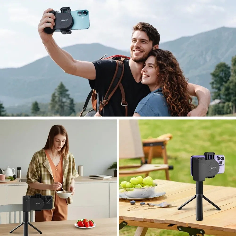Collage of a man and woman taking a selfie with a phone holder, a woman eating in a kitchen, and a phone holder on a table outdoors.