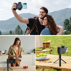 Collage of a man and woman taking a selfie with a phone holder, a woman eating in a kitchen, and a phone holder on a table outdoors.