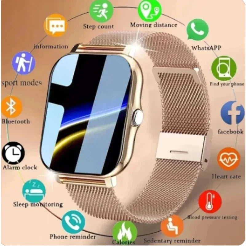Smartwatch with features like step count, moving distance, and phone reminder on a beige background