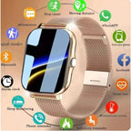 Smartwatch with features like step count, moving distance, and phone reminder on a beige background