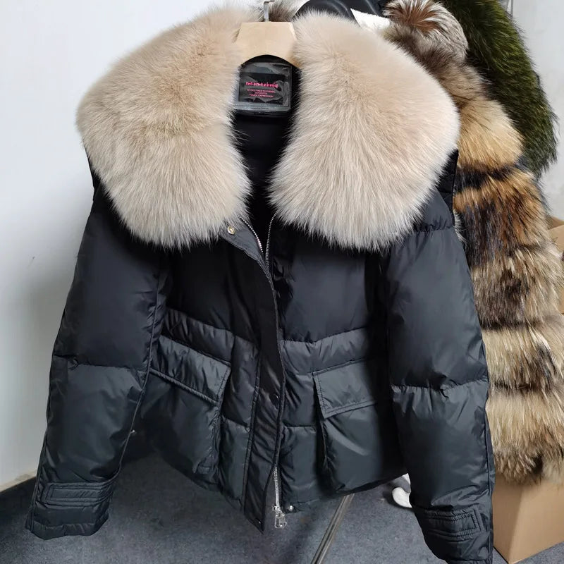 Maomaokong loose Real Fox Fur Collar 2024 White Duck Down Jacket Women Winter Luxury Puffer Coat Oversize Feather Outwear