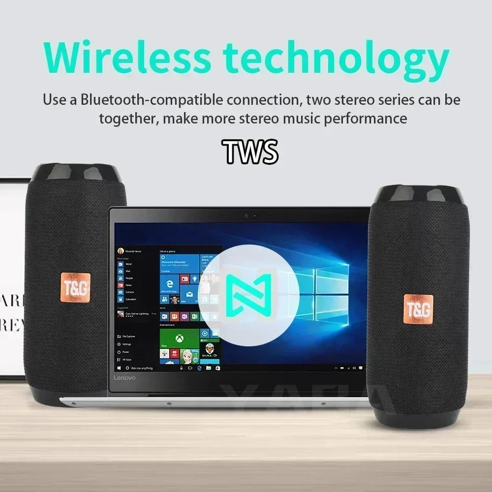 Two black speakers with a tablet displaying a music app interface on a light gray background.