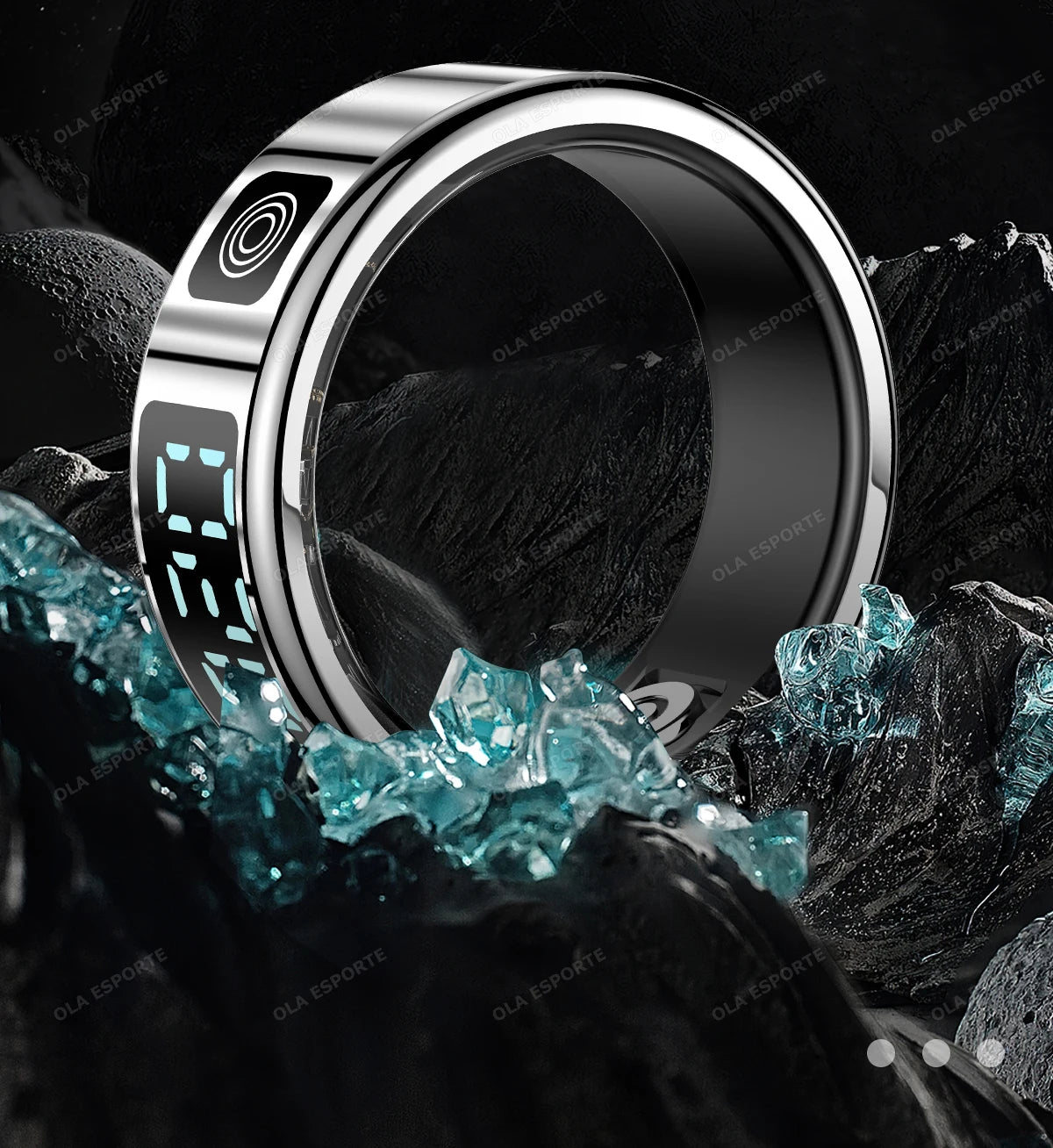 Silver digital ring with blue glowing display on a dark background