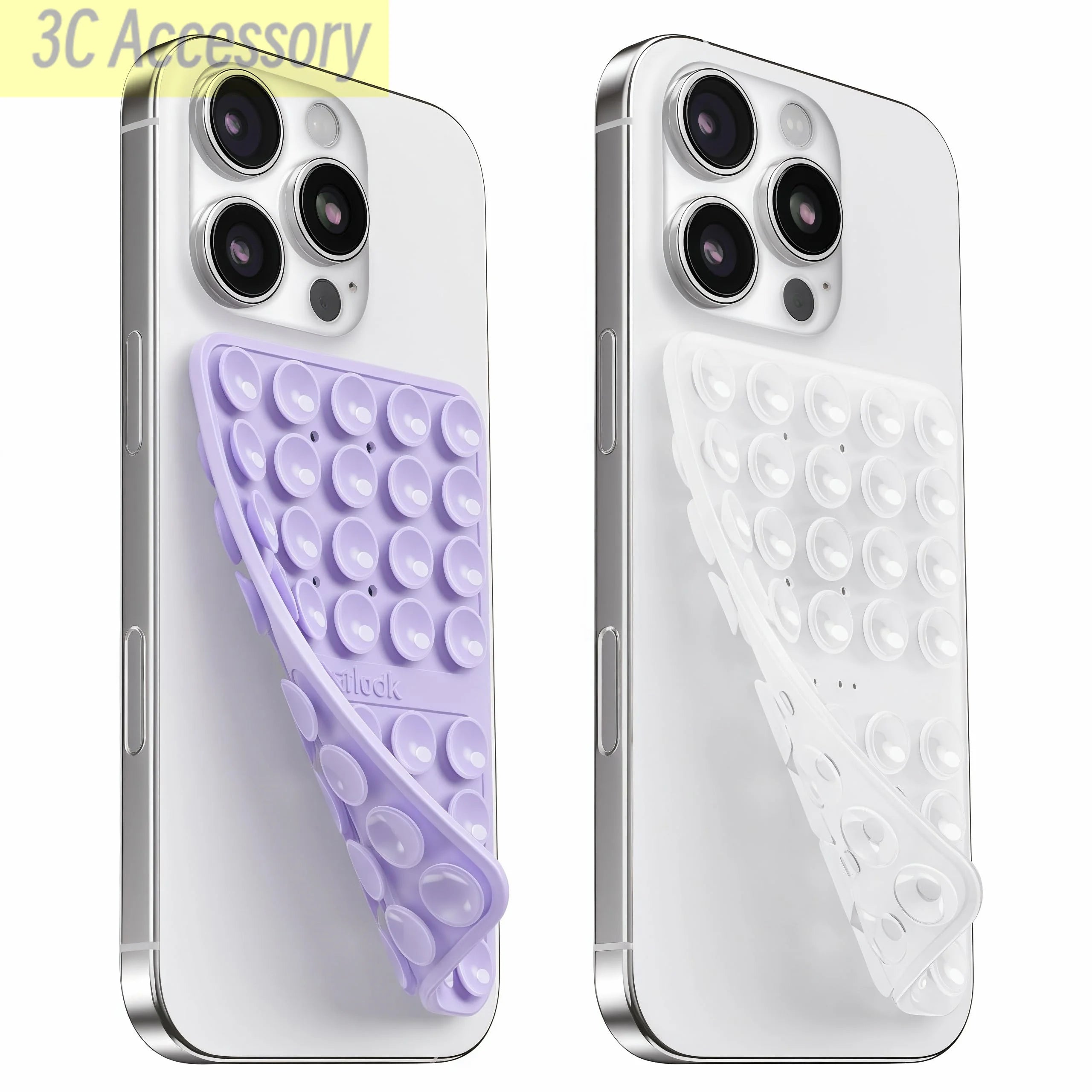 Two phone cases with bubble designs on a white background, one purple and one clear.