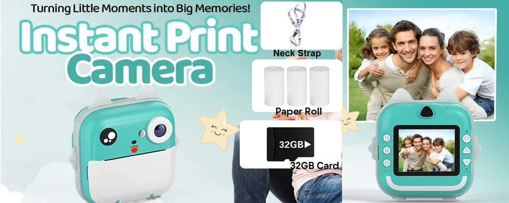Instant print camera with family photo and product details on a light blue background