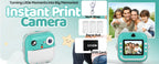 Instant print camera with family photo and product details on a light blue background