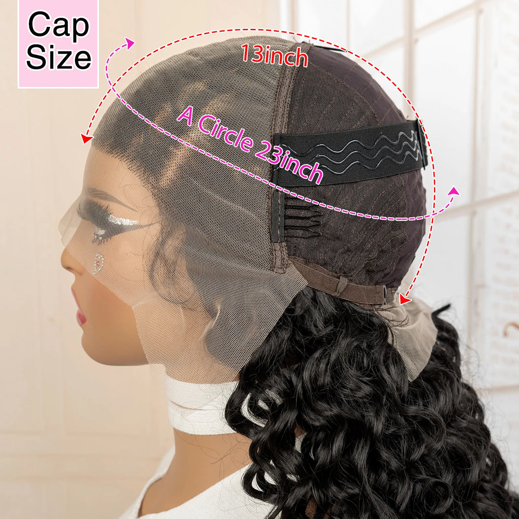 Wig cap with measurements on a mannequin head, showing cap size and wig length.