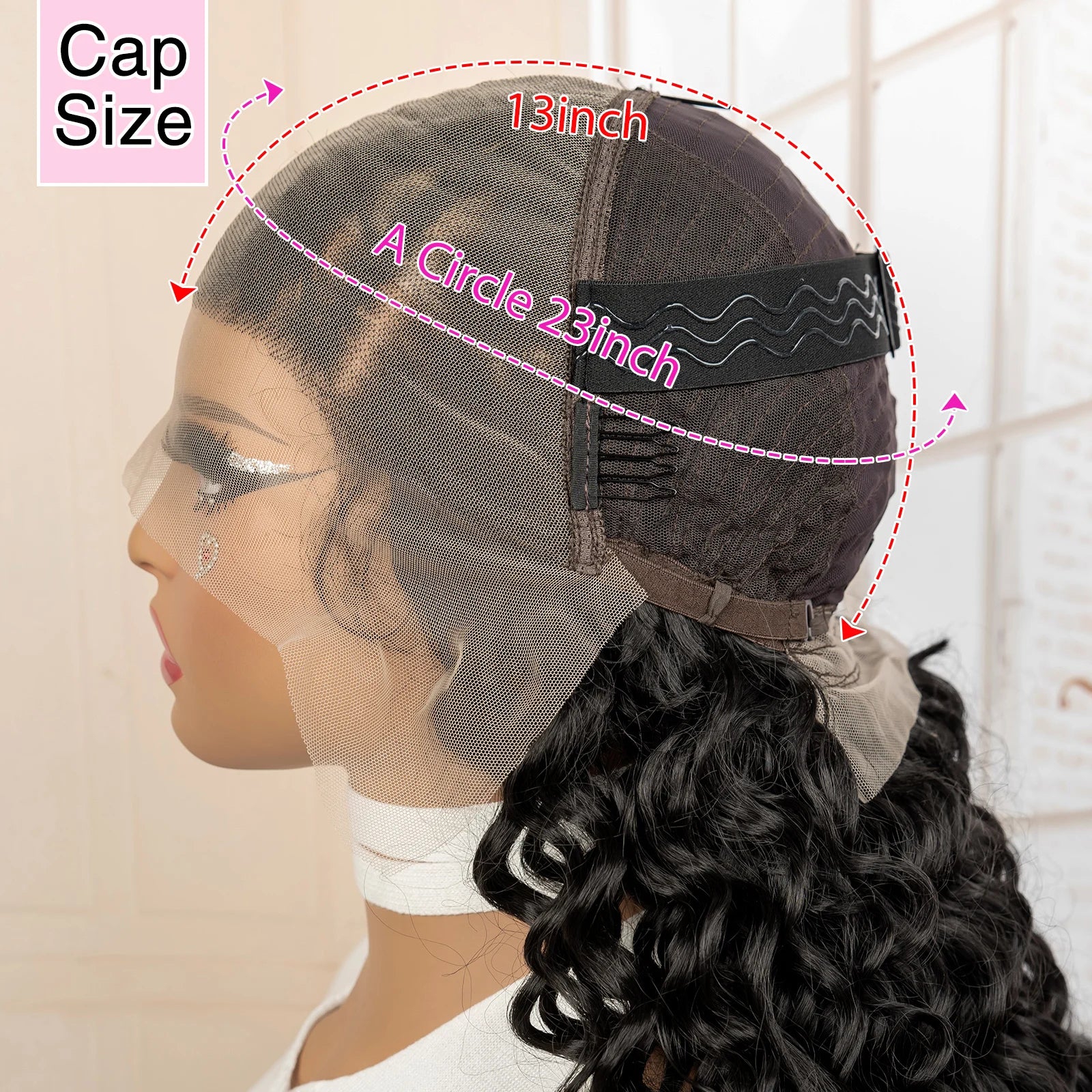Wig cap with measurements on a mannequin head, showing cap size and wig length.