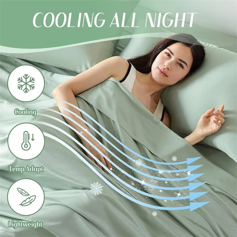 Woman lying in bed with cooling mattress pad, featuring text 'Cooling All Night' and icons indicating cooling, temperature adaptation, and light weight.