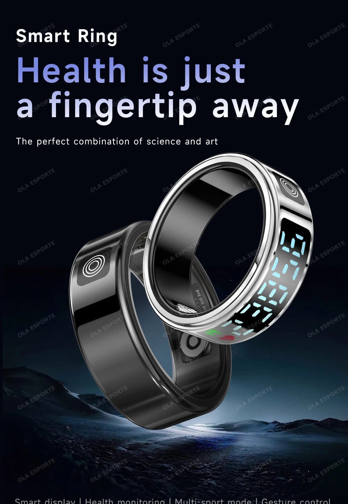 Smart ring with digital display on a dark background, featuring text about health monitoring.