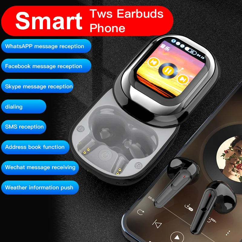 Smart earbud case with phone interface display on a dark background