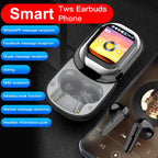 Smart earbud case with phone interface display on a dark background