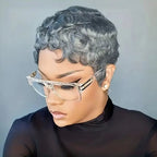 Human Hair Wig 6Inch Natural Grey with Loose Curls180% Density Machine-Made Wig with Rose Net Cap Comfortable Fit for Daily Wear