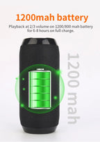 Black portable speaker with 1200mAh battery indicator on a white background