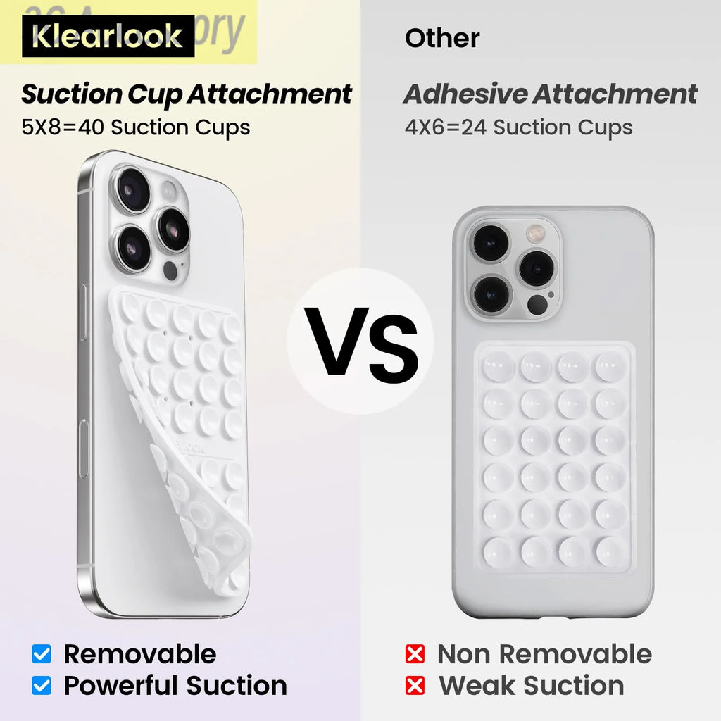 Comparison of Klearlook suction cup attachment and other adhesive attachment on a phone case.