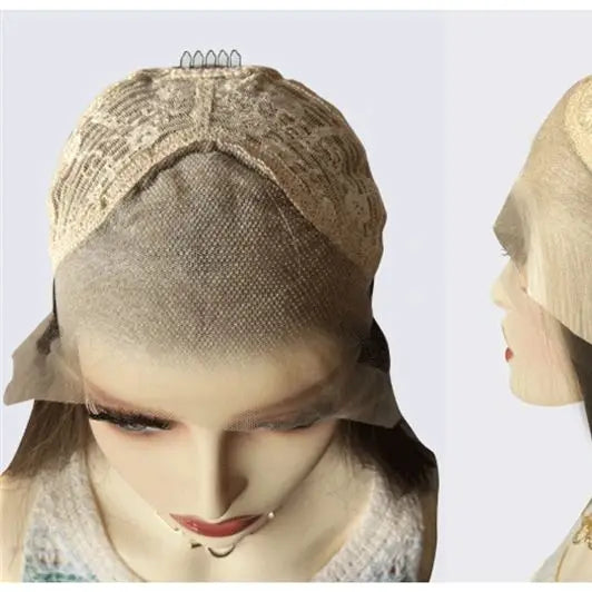Mannequin head with a beige wig cap and lace front wig on a light gray background
