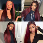 Collage of a woman with burgundy hair in different settings