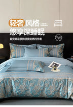 Blue bedspread set with embroidery on a bed in a bedroom setting, featuring the brand name 'CHENANUO'.