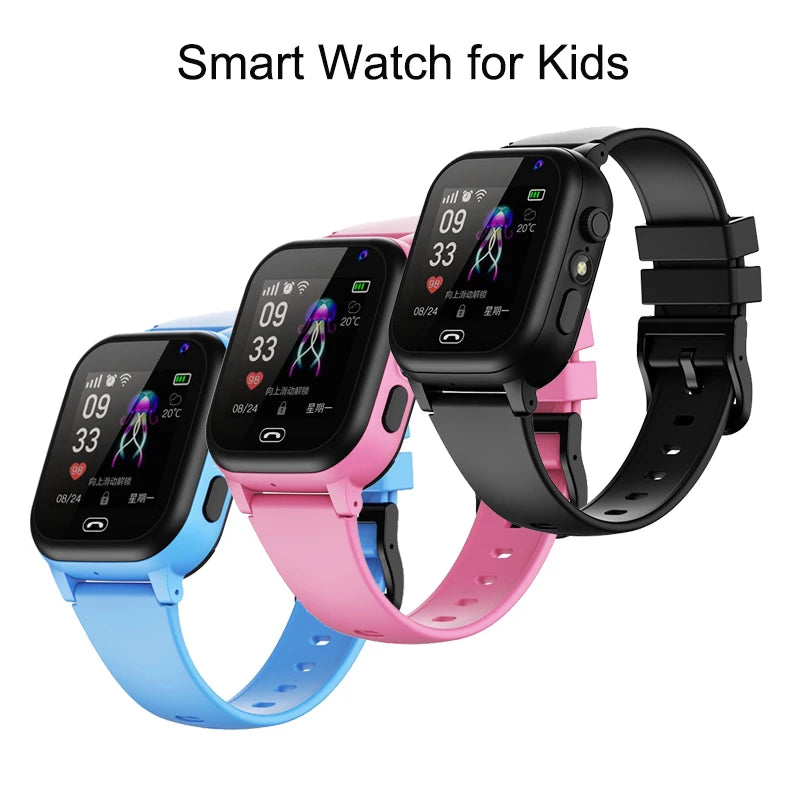 Smart watches for kids in black, pink, and blue on a white background