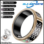 Smart ring with charging box and Ola Esporte branding on a white background