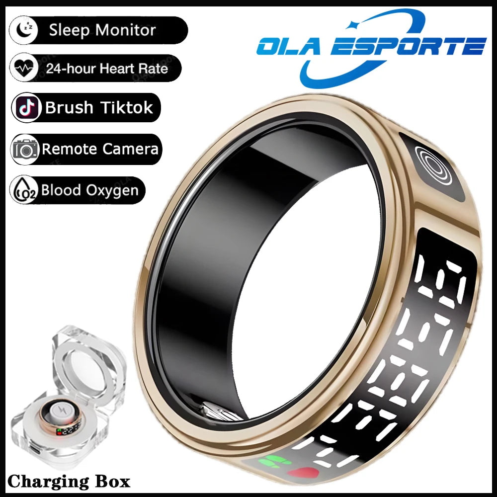 Smart ring with charging box and Ola Esporte branding on a white background
