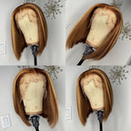 Brown wig on a mannequin head against a white wall with decorative elements.