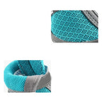 Close-up of blue and gray shoe mesh on a white background