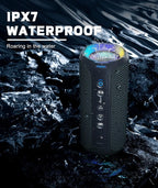 Waterproof speaker with IPX7 rating on a rocky surface with water