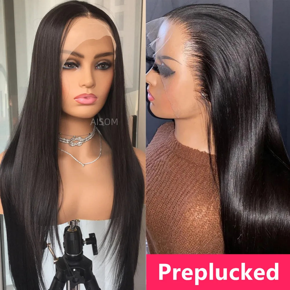 Mannequin head with long black straight wig on a stand, labeled 'Preplucked'.