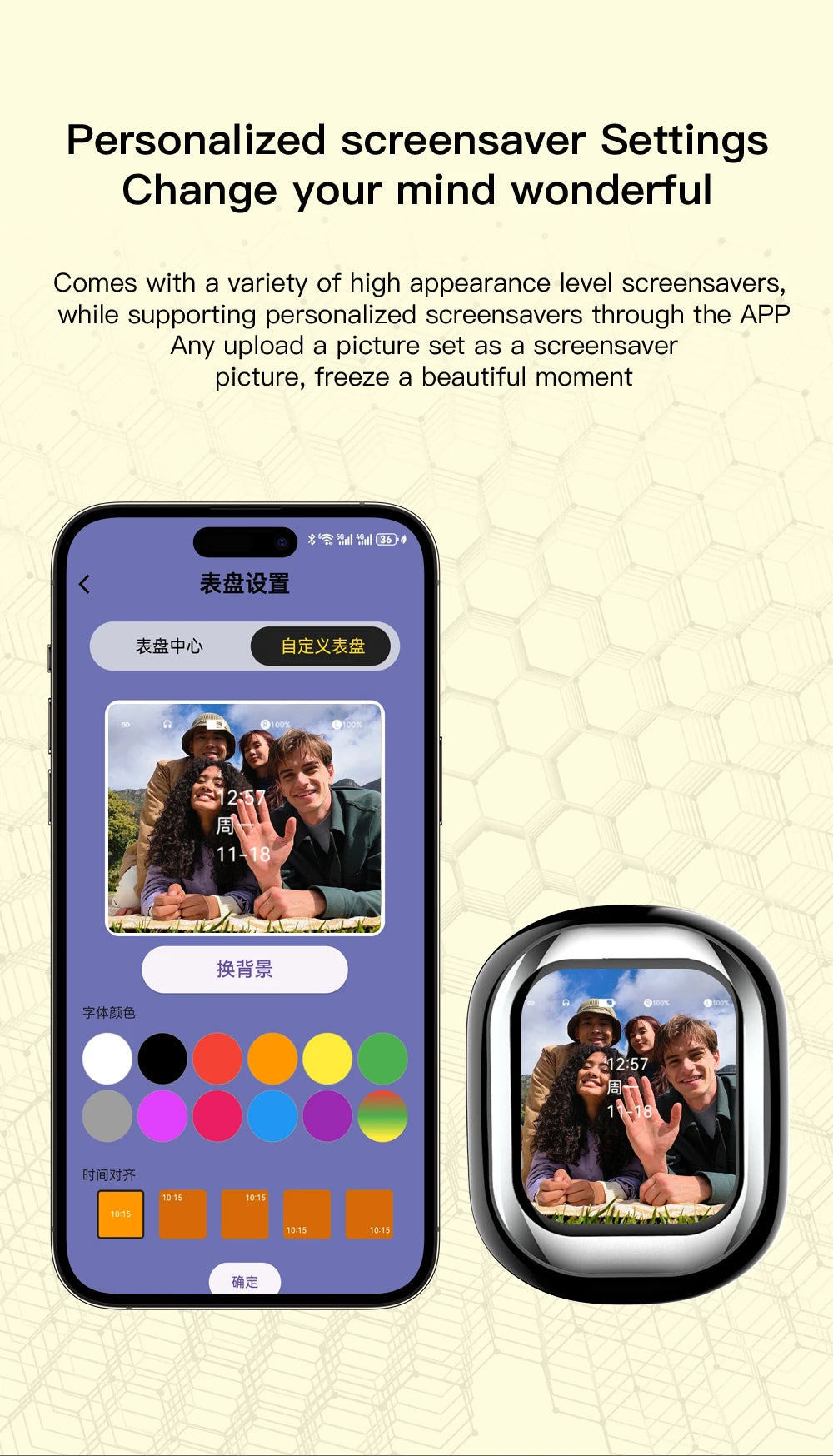 Smartphone displaying screensaver settings with a photo of a family on a screen, against a beige background.