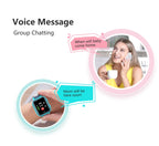 Smartwatch and phone with text bubbles indicating voice message and group chatting features.