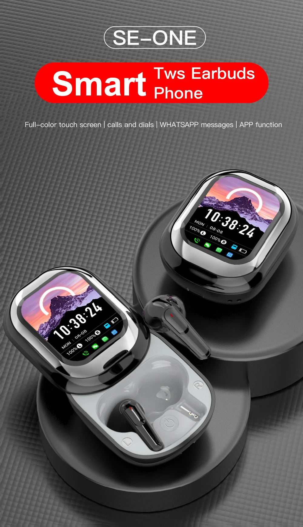 SE-ONE Smart Tws Earbuds Phone with charging case on a gray background