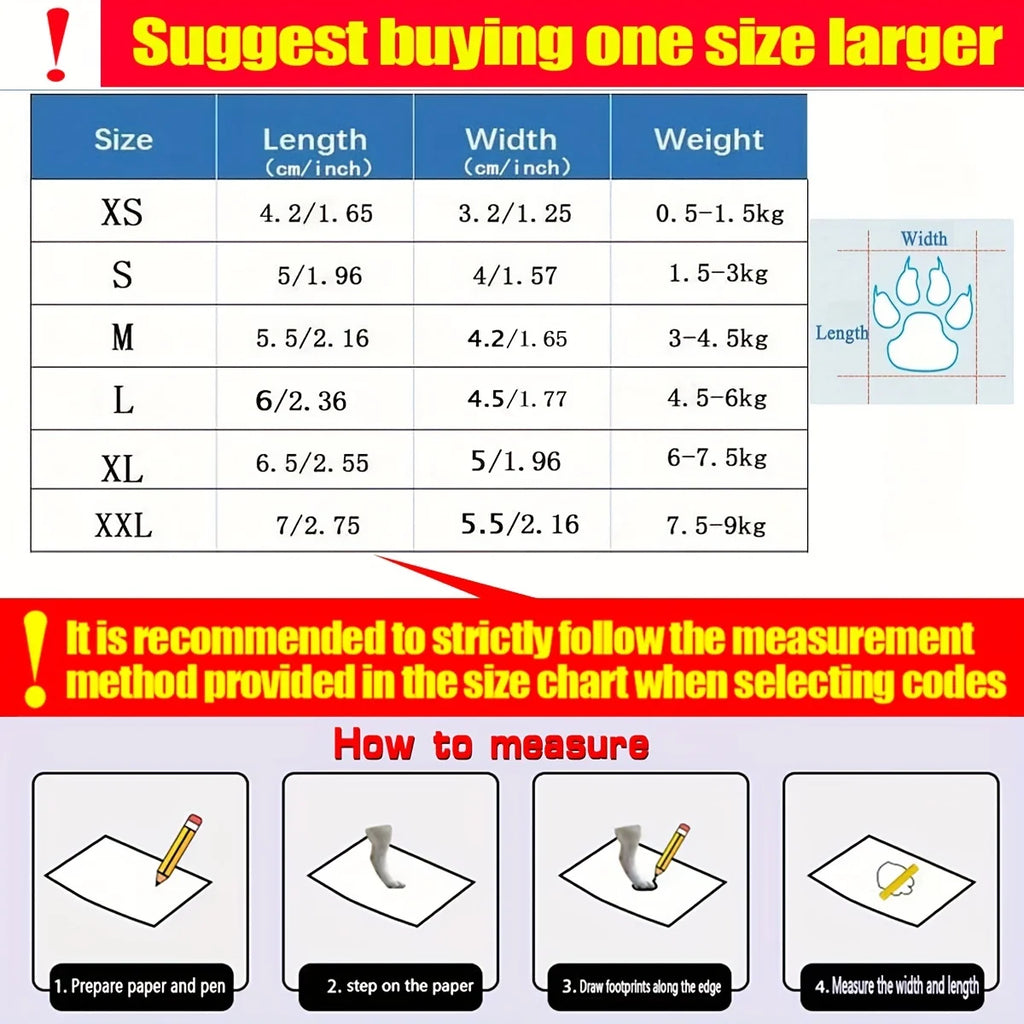 Size chart for a product with measurements and weight ranges, recommended to buy one size larger.